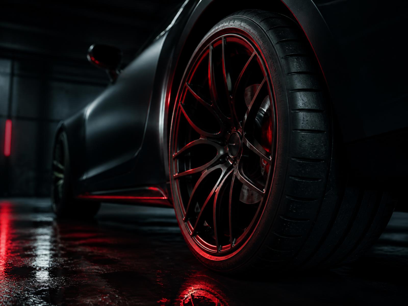 Performance wheel and tire in a dark garage
