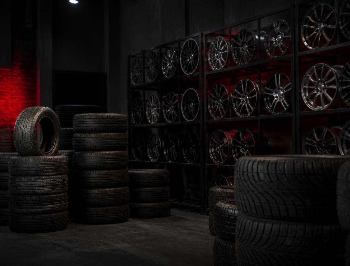 Tires stacked and alloy rims on racks inside the shop
